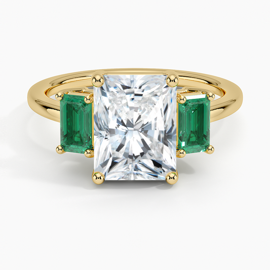 Luxe Rhiannon Three Stone Lab Emerald Ring - Radiant Cut Center Stone