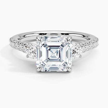 Amelie Three Stone Diamond Ring - Asscher Cut Center Stone