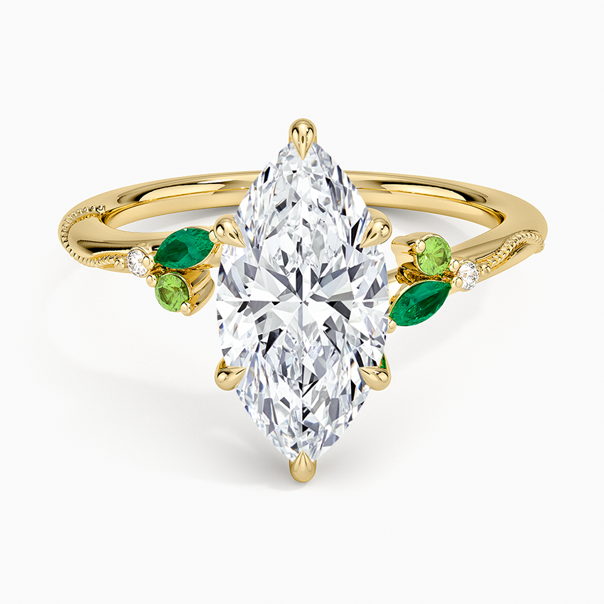 Camellia Milgrain Green Gemstone and Diamond Ring - Marquise Cut Center Stone