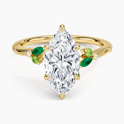 Camellia Milgrain Green Gemstone and Diamond Ring - Marquise Cut Center Stone