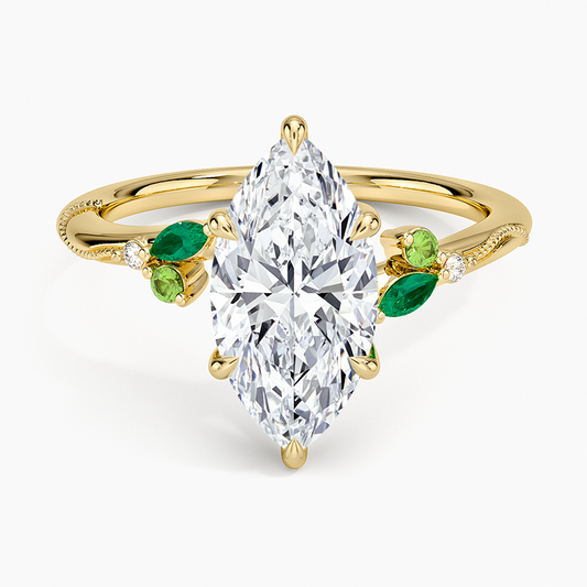 Camellia Milgrain Green Gemstone and Diamond Ring - Marquise Cut Center Stone