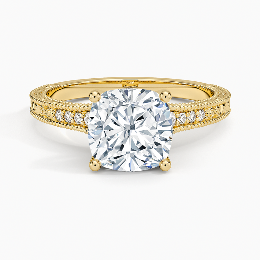 Hudson Engraved Diamond Ring - Cushion Cut Center Stone