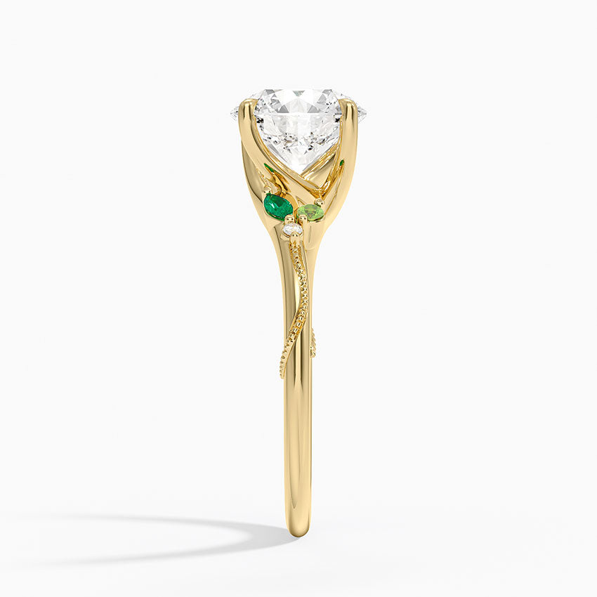 Camellia Milgrain Green Gemstone and Diamond Ring - Round Cut Center Stone