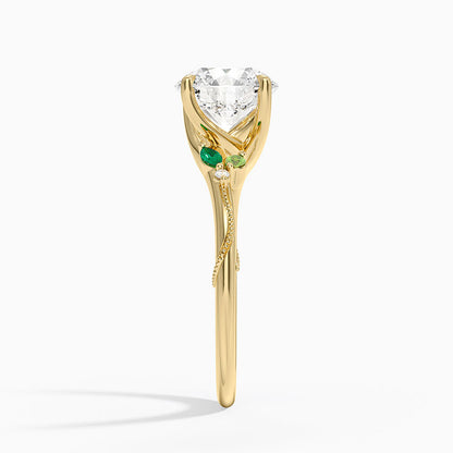 Camellia Milgrain Green Gemstone and Diamond Ring - Round Cut Center Stone