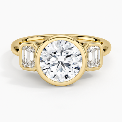 Rhiannon Bezel Three Stone Diamond Ring - Round Cut Center Stone