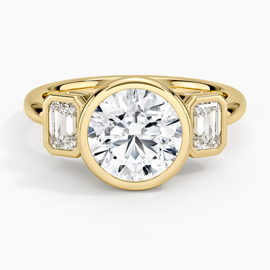 Rhiannon Bezel Three Stone Diamond Ring - Round Cut Center Stone