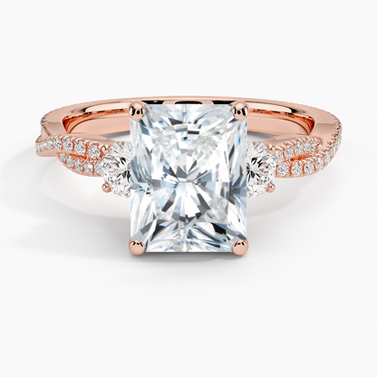 Luxe Three Stone Petite Twisted Vine Diamond Ring - Radiant Cut Center Stone