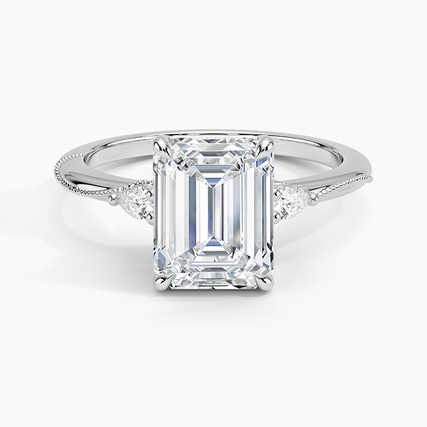 Camellia Three Stone Pear Diamond Ring - Emerald Cut Center Stone