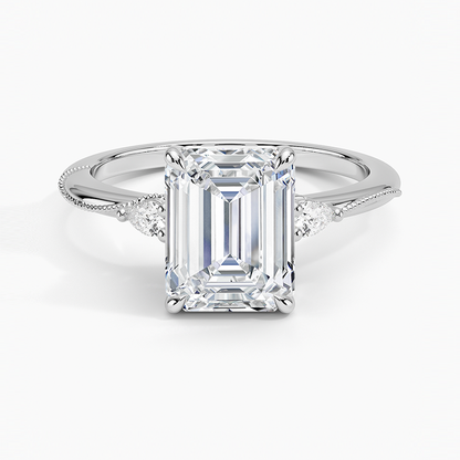 Camellia Three Stone Pear Diamond Ring - Emerald Cut Center Stone