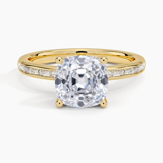 Tabitha Channel Set Baguette Diamond Ring - Old Mine Cut Center Stone