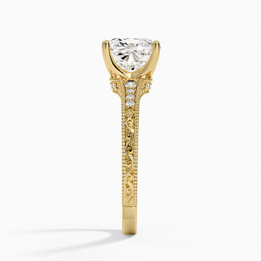 Hudson Engraved Diamond Ring - Cushion Cut Center Stone