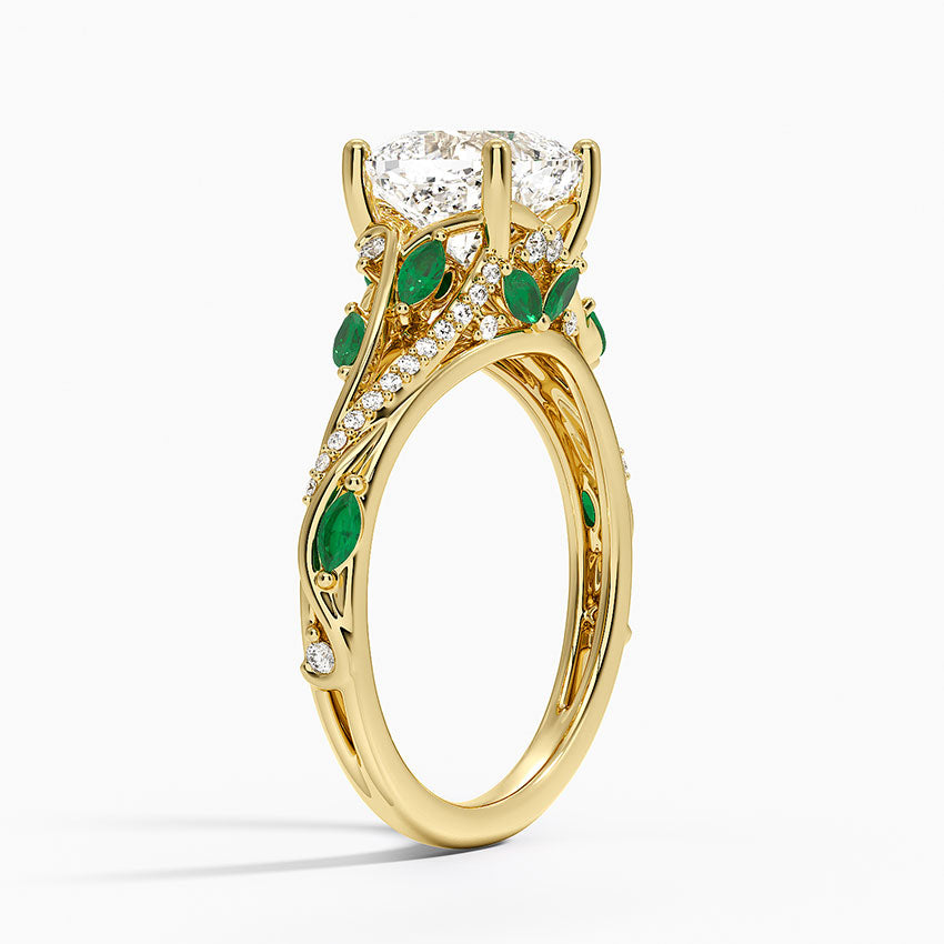 Begonia Vine Diamond and Lab Emerald Ring (1/8 ct. tw.) - Cushion Cut Center Stone