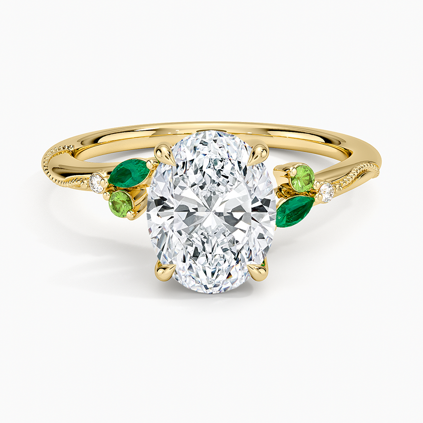 Camellia Milgrain Green Gemstone and Diamond Ring - Oval Cut Center Stone