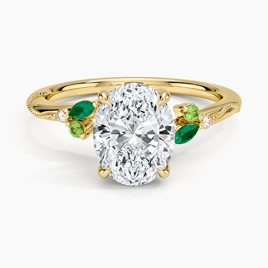 Camellia Milgrain Green Gemstone and Diamond Ring - Oval Cut Center Stone