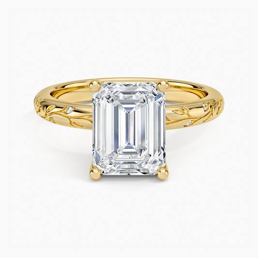 Verdure Engraved Diamond Solitaire Ring - Emerald Cut Center Stone