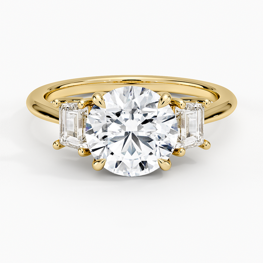 Embrace Three Stone Trapezoid Diamond Ring - Round Cut Center Stone