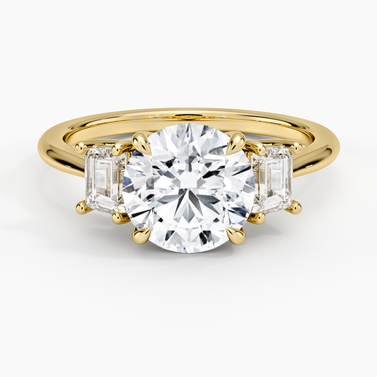 Embrace Three Stone Trapezoid Diamond Ring - Round Cut Center Stone