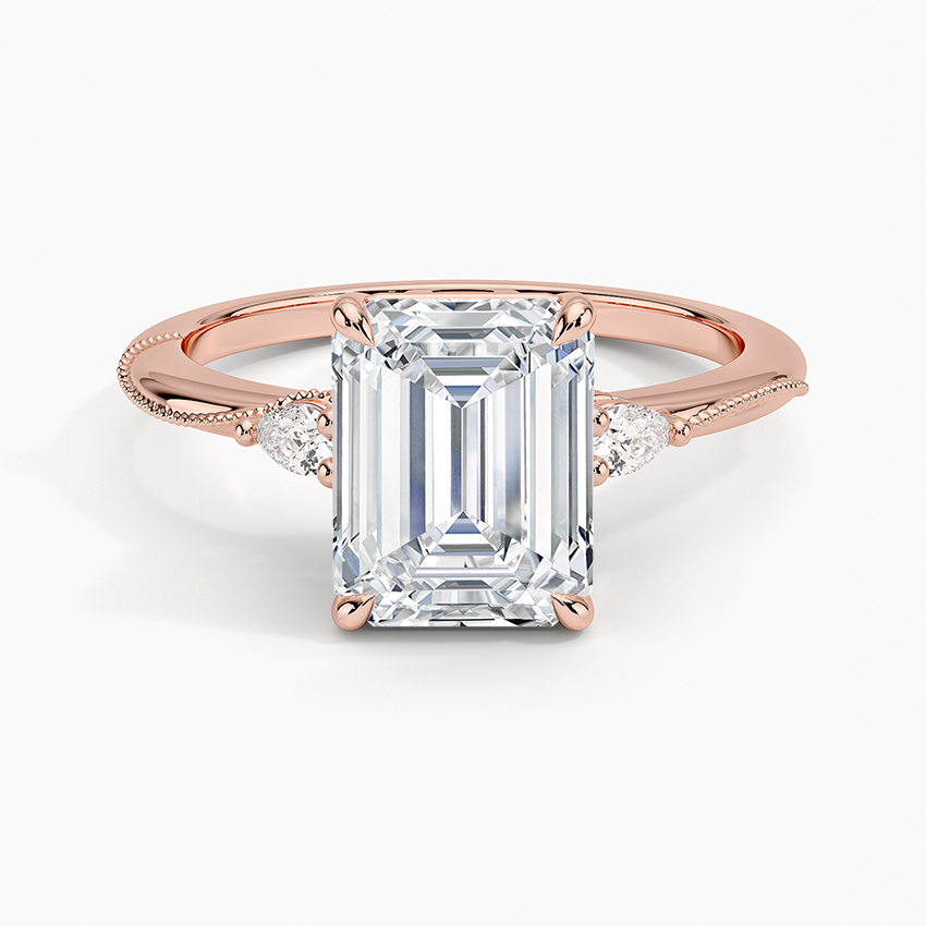 Camellia Three Stone Pear Diamond Ring - Emerald Cut Center Stone