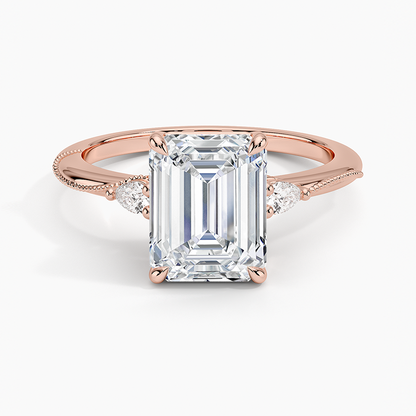Camellia Three Stone Pear Diamond Ring - Emerald Cut Center Stone