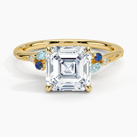 Camellia Indigo Milgrain Ring - Asscher Cut Center Stone