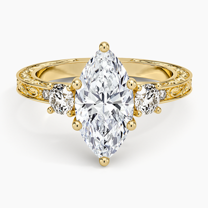 Antique Scroll Engraved Three Stone Diamond Ring (1/3 ct. tw.) - Marquise Center Stone