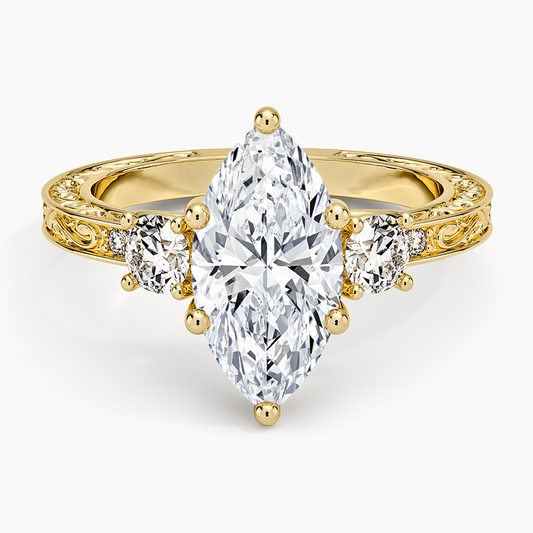 Antique Scroll Engraved Three Stone Diamond Ring (1/3 ct. tw.) - Marquise Center Stone