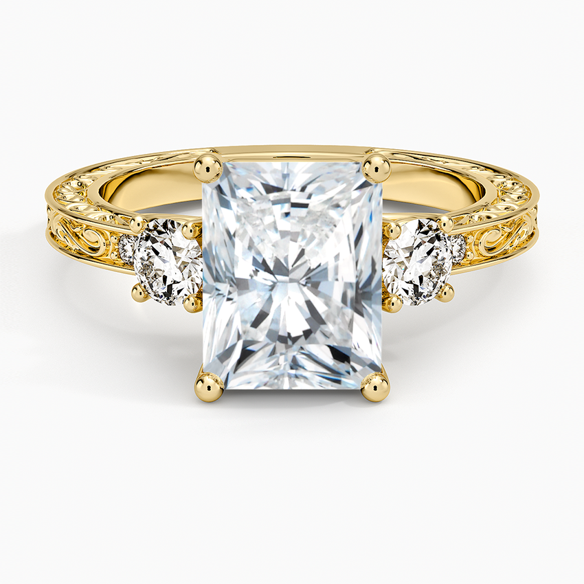 Antique Scroll Engraved Three Stone Diamond Ring (1/3 ct. tw.) - Radiant Cut Center Stone