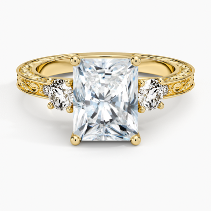 Antique Scroll Engraved Three Stone Diamond Ring (1/3 ct. tw.) - Radiant Cut Center Stone