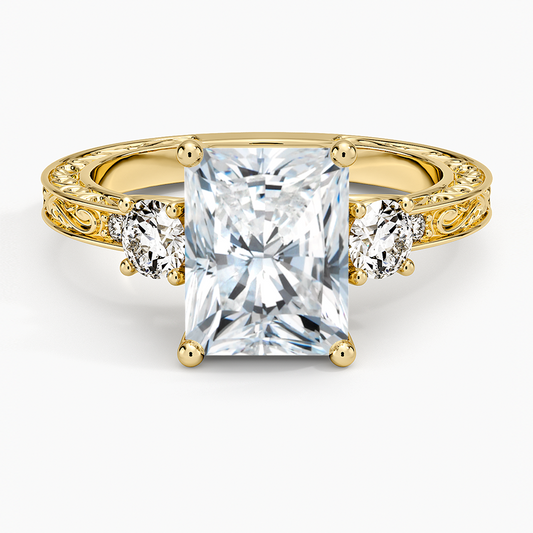 Antique Scroll Engraved Three Stone Diamond Ring (1/3 ct. tw.) - Radiant Cut Center Stone