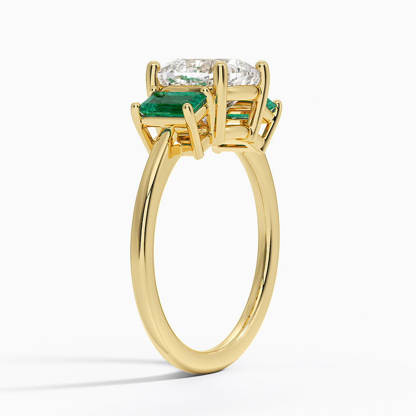 Luxe Rhiannon Three Stone Lab Emerald Ring - Cushion Cut Center Stone