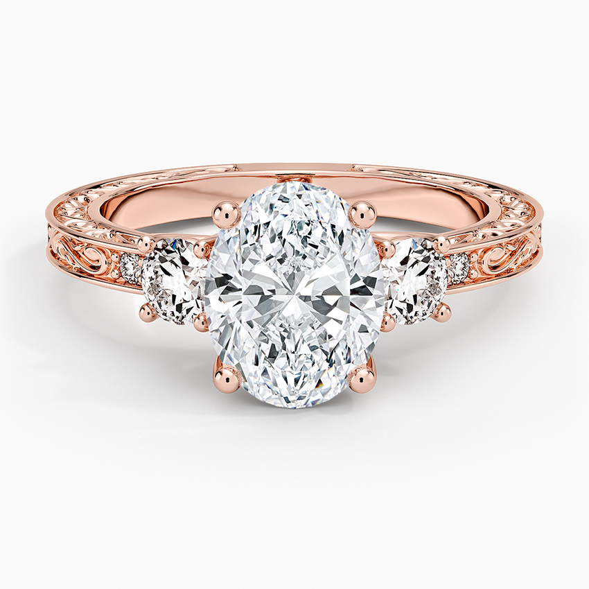 Antique Scroll Engraved Three Stone Diamond Ring (1/3 ct. tw.) - Oval Center Stone
