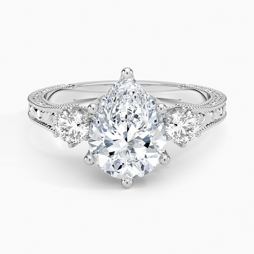 Hudson Engraved Three Stone Diamond Ring (1/3 ct. tw.) - Pear Center Stone