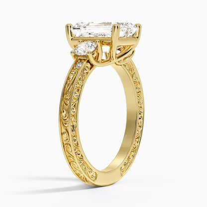 Antique Scroll Engraved Three Stone Diamond Ring (1/3 ct. tw.) - Emerald Cut Center Stone