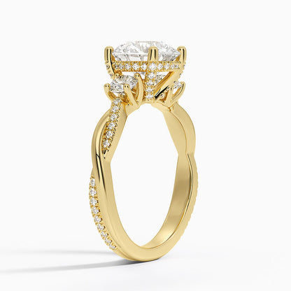 Adorned Petite Twisted Vine Three Stone Diamond Ring - Round Cut Center Stone