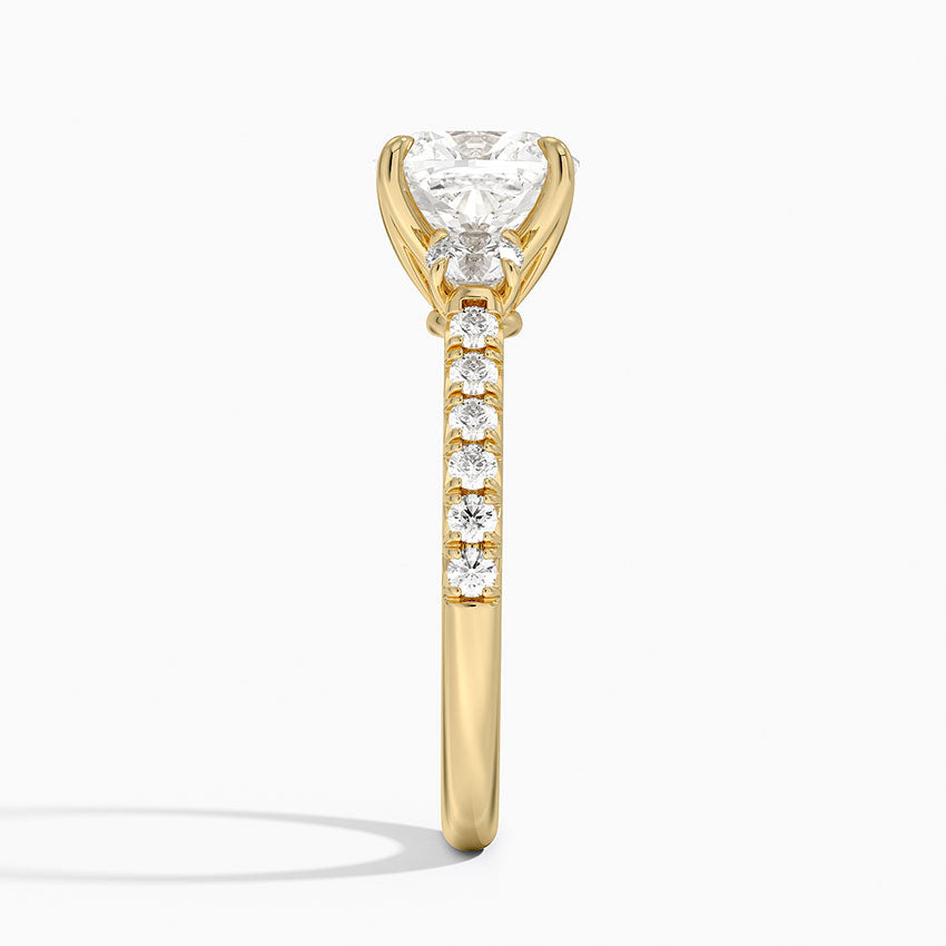 Amelie Three Stone Diamond Ring - Cushion Cut Center Stone