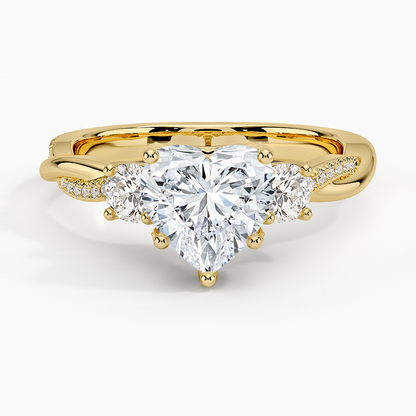 Adorned Petite Twisted Vine Three Stone Diamond Ring - Heart Cut Center Stone