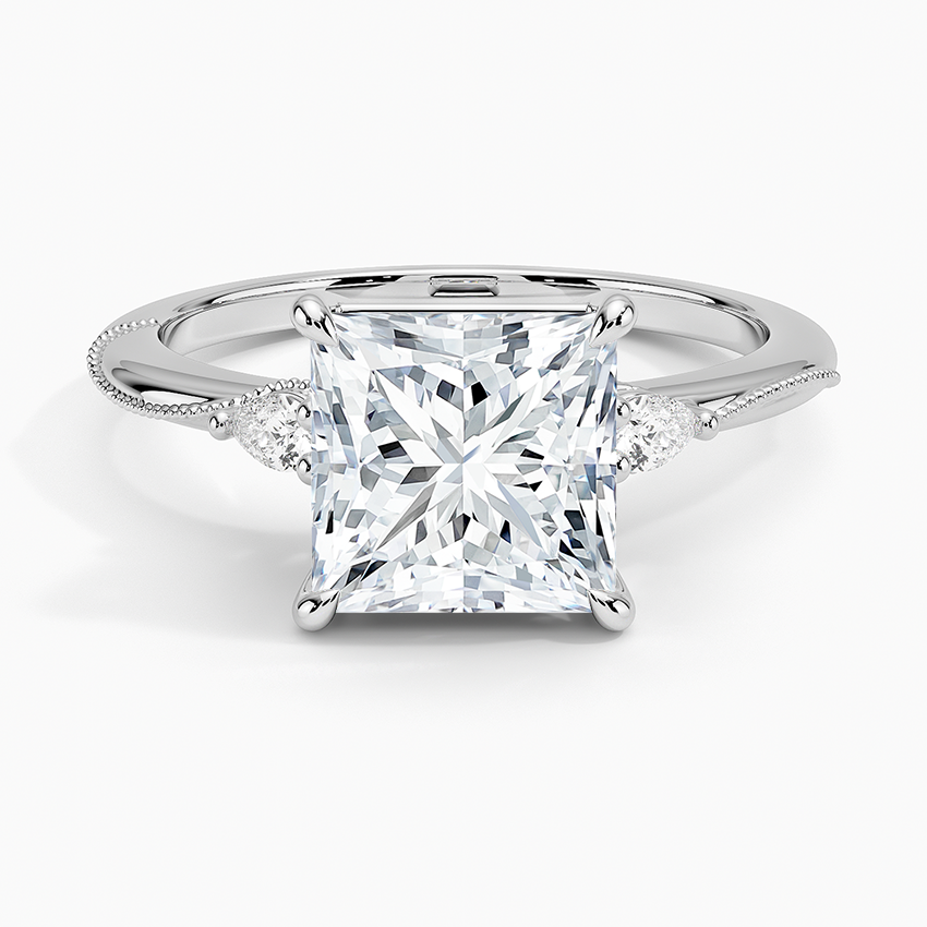 Camellia Three Stone Pear Diamond Ring - Princess Cut Center Stone