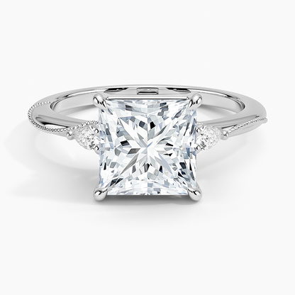 Camellia Three Stone Pear Diamond Ring - Princess Cut Center Stone