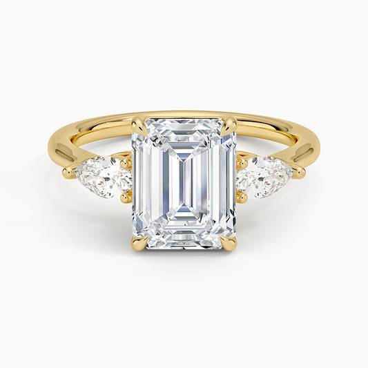 Opera Three Stone Diamond Ring - Emerald Cut Center Stone