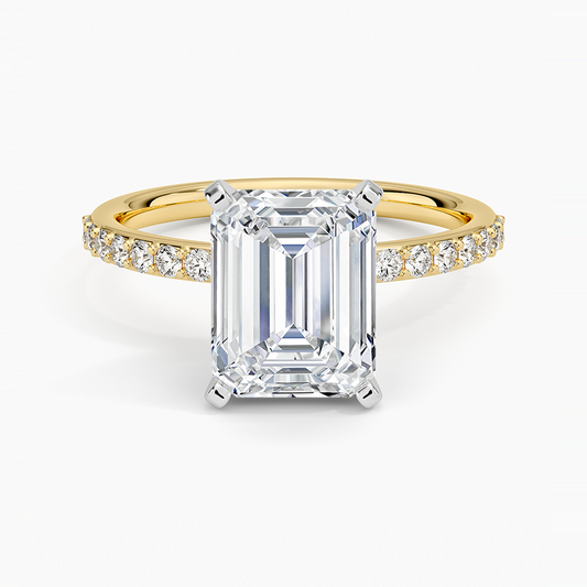 Petite Shared Prong Half Coverage Diamond Ring - Emerald Cut Center Stone