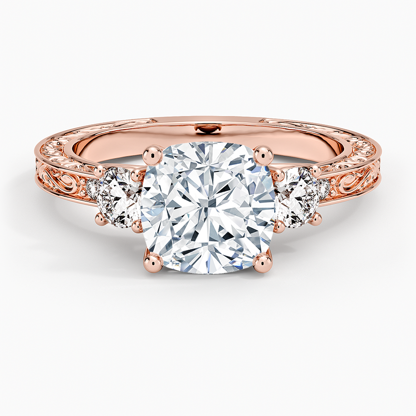 Antique Scroll Engraved Three Stone Diamond Ring (1/3 ct. tw.) - Cushion Cut Center Stone