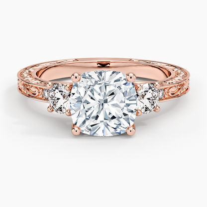 Antique Scroll Engraved Three Stone Diamond Ring (1/3 ct. tw.) - Cushion Cut Center Stone