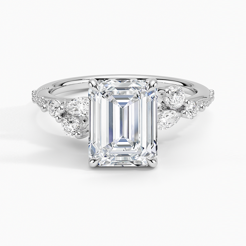 Luxe Camellia Milgrain Diamond Ring - Emerald Cut Center Stone