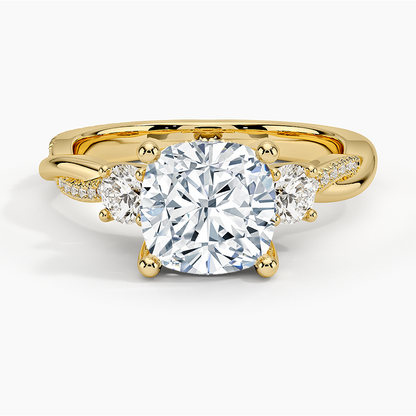 Adorned Petite Twisted Vine Three Stone Diamond Ring - Cushion Cut Center Stone