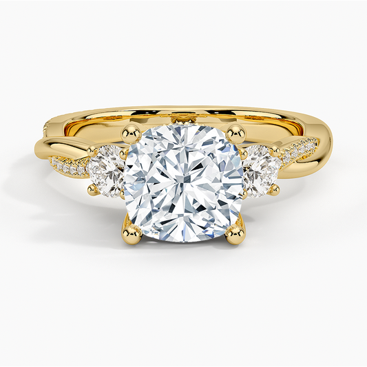 Adorned Petite Twisted Vine Three Stone Diamond Ring - Cushion Cut Center Stone