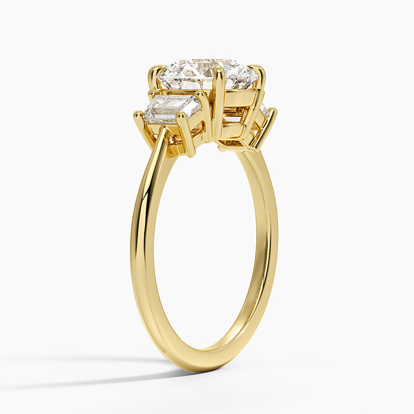 Embrace Three Stone Trapezoid Diamond Ring - Round Cut Center Stone