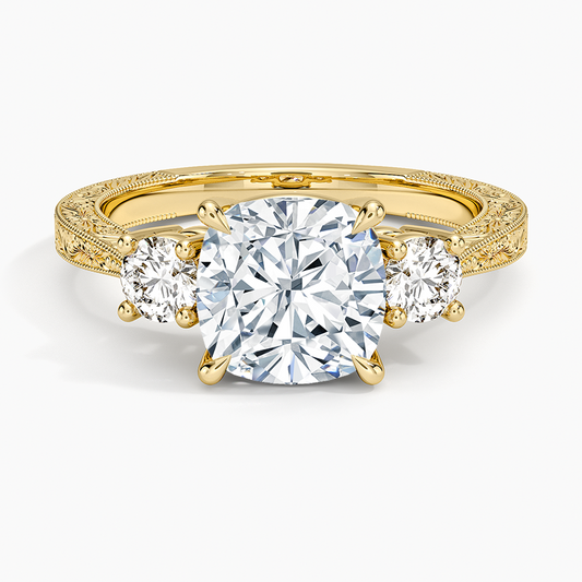 Elsie Three Stone Engraved Diamond Ring (1/3 ct. tw.) - Cushion Cut Center Stone