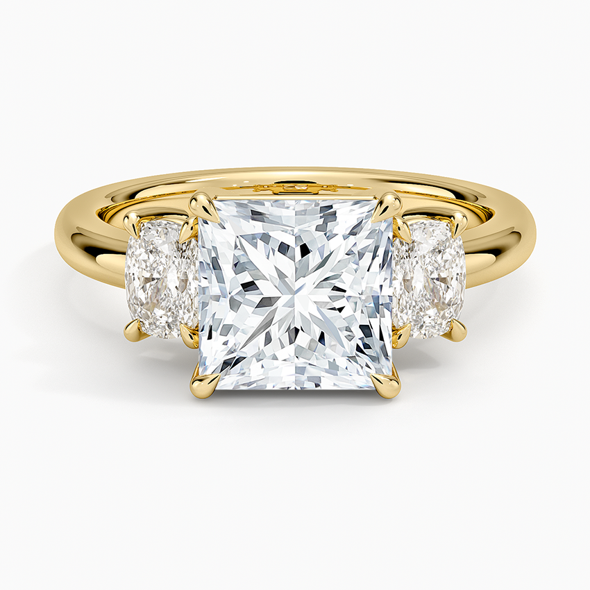 Faye Elongated Cushion Three Stone Diamond Ring - Princess Cut Center Stone