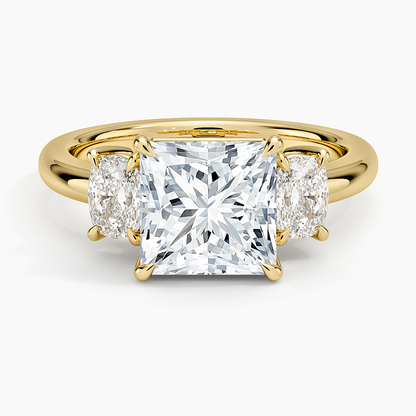 Faye Elongated Cushion Three Stone Diamond Ring - Princess Cut Center Stone