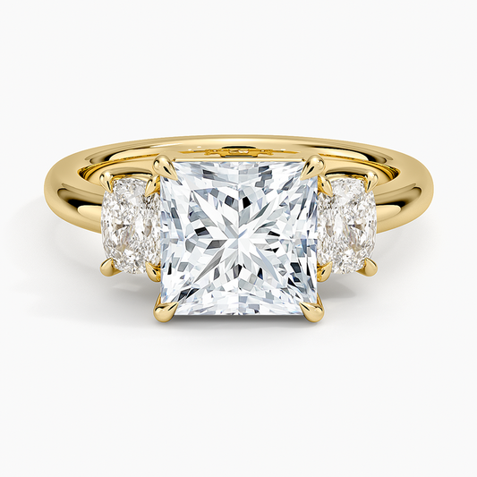 Faye Elongated Cushion Three Stone Diamond Ring - Princess Cut Center Stone